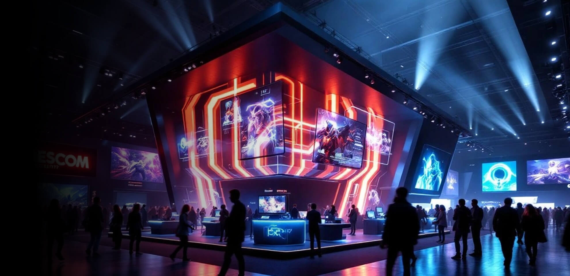 Interaktiver Gaming-Demobereich am Gamescom-Messestand in Köln, mit Besuchern an Konsolen, holografischen Displays und neonbeleuchteter Atmosphäre