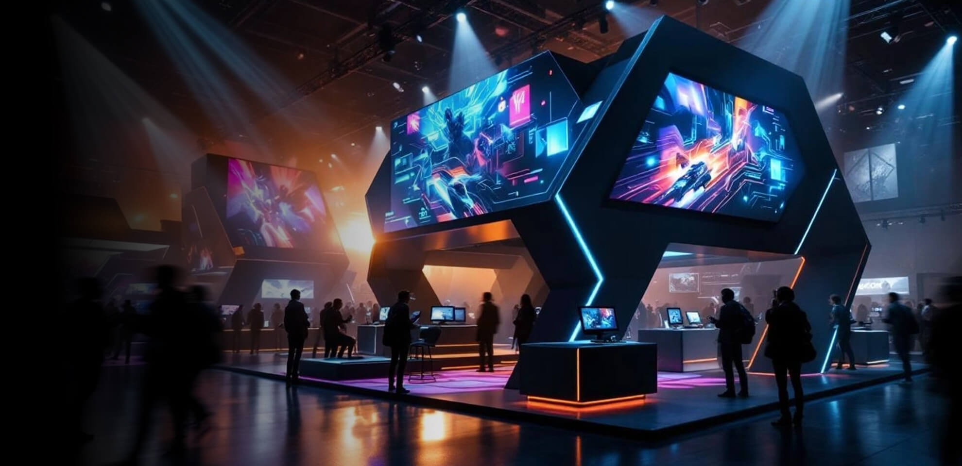 Futuristischer und immersiver Gamescom-Messestand in Köln, Deutschland, mit interaktiven Gaming-Zonen, LED-Bildschirmen und moderner, kantiger Architektur für Besucherinteraktion