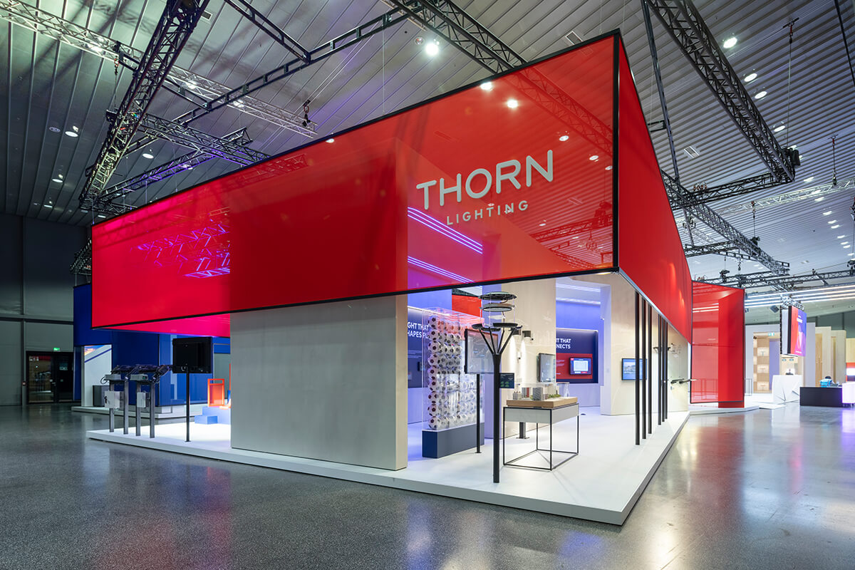 Open brand architecture and sustainable construction characterize the Zumtobel exhibition stand at Light + Building Frankfurt.